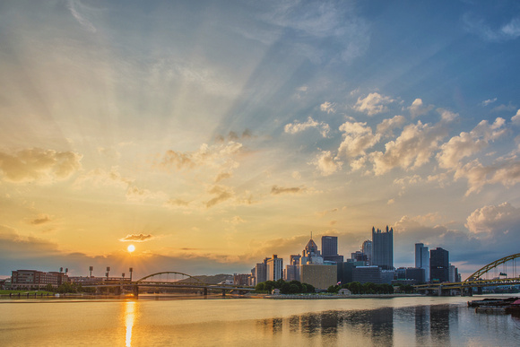 Sun rising over the Allegheny River in Pittsburgh from the South Shore