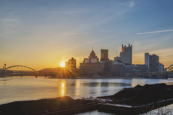 Sunflare over the Pittsburgh skyline from the South Shore