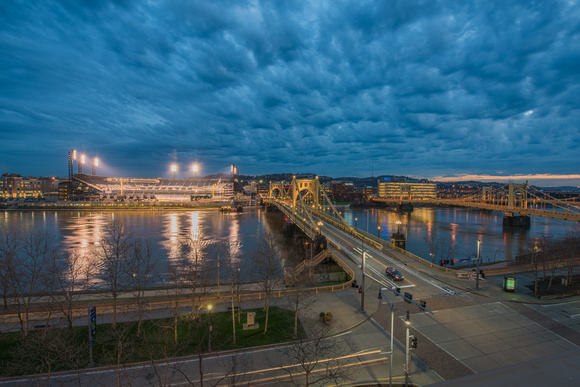 PNC Park is lit up from across the Allegheny River in Pittsburgh on Opening Day