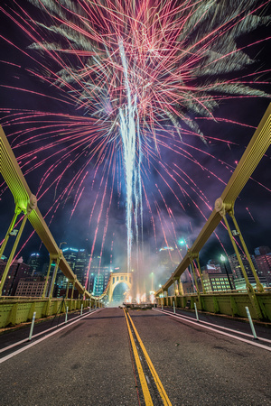 Fireworks over the Clemente Bridge in Pittsburgh