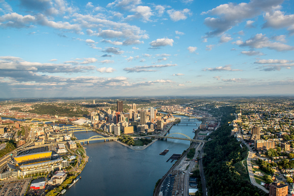 Wide angle aerial view of the Pittsburgh skyline