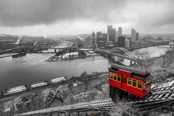 Selective color of the Duquesne Incline in the snow in Pittsburgh