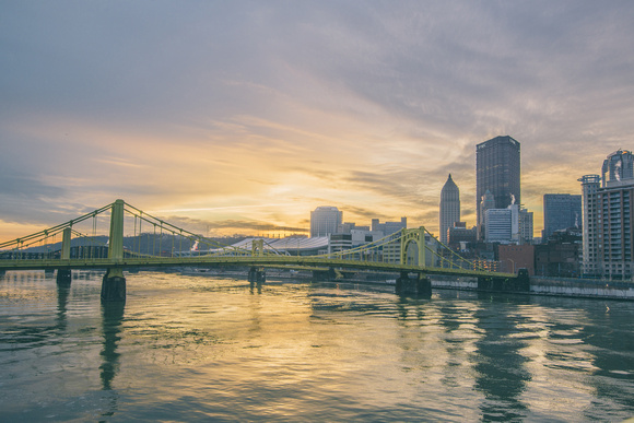 Surnise over Pittsburgh from the Roberto Clemente Bridge in the winter