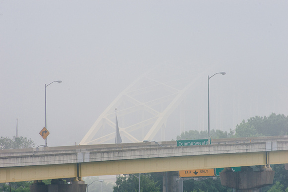 The Ft. Pitt Bridge disappears into the fog in Pittsburgh