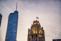 Tribune and Trump Towers in Chicago at dusk