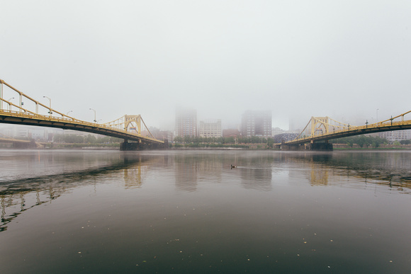 View of the Pittsburgh skyline from the North Shore in the fog