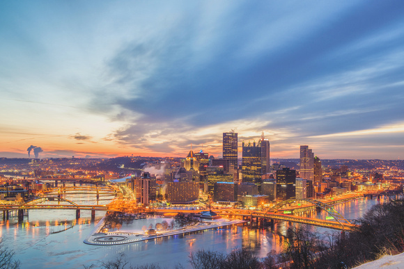 A colorful sunrise from the end of Mt. Washington in winter in Pittsburgh