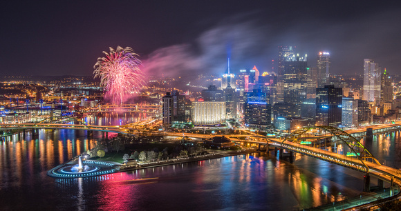 Panoramic view of fireworks over Pittsburgh
