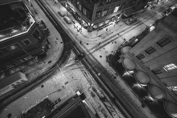 Criss-crossing tracks through fresh snow in Pittsburgh