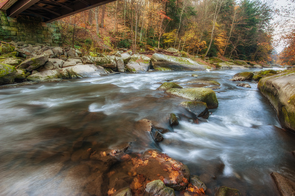 Water rushes under the covered bridge at McConnells Mill State park in the fall