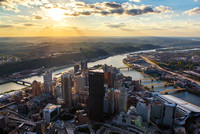 An aerial view of the Golden Triangle in Pittsburgh at sunset