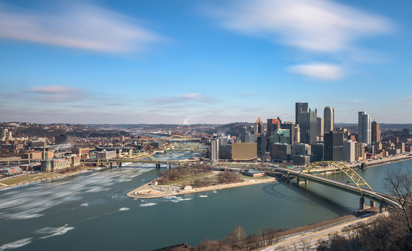 Clouds and ice rush over Pittsburgh in winter