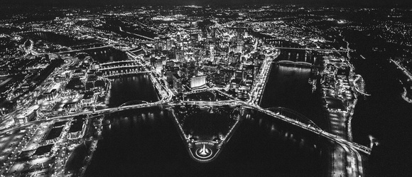 Pittsburgh skyline from above at night in B&W