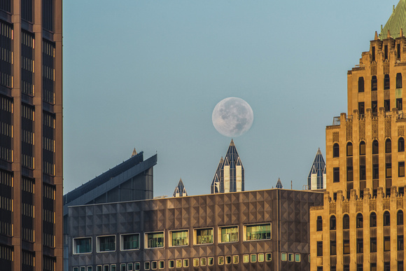 The moon rests on top of a spire at PPG Place in Pittsburgh