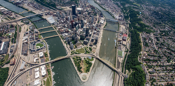 Overhead view of downtown Pittsburgh in the afternoon