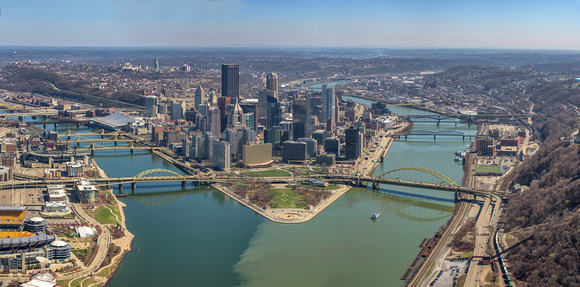 Aerial panorama of Pittsburgh on a beautiful spring day