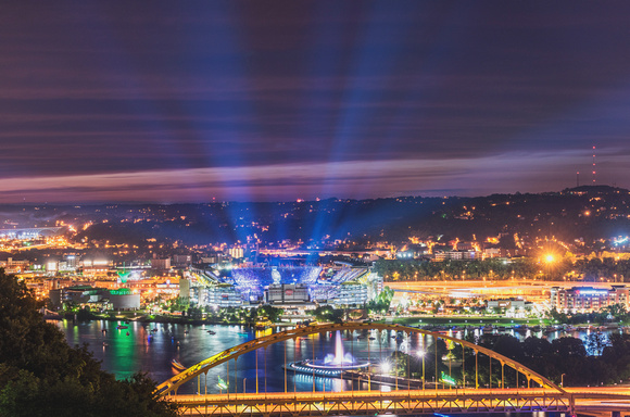 Lights blast from Heinz Field during the Kenny Chesney concert in Pittsburgh