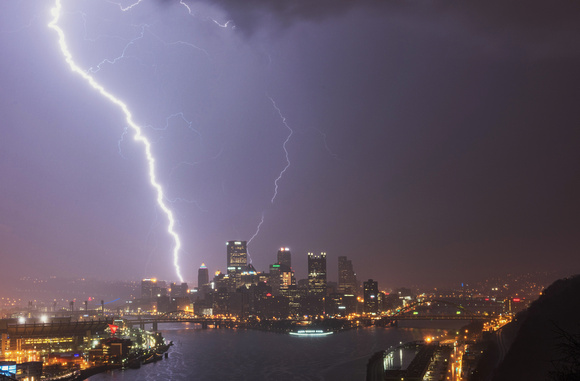 Lightning strikes downtown Pittsburgh during a winter storm