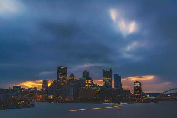 A long exposure of a dramatic sunrise in Pittsburgh