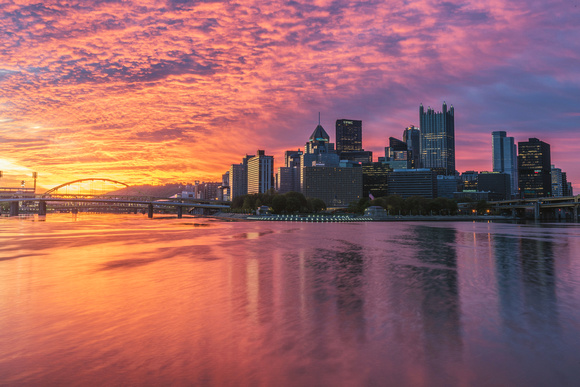A cotton candy sky provides a stunning background for Pittsburgh at dawn