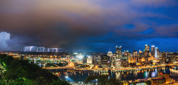 A composite of lightning strikes over Pittsburgh during a spring storm