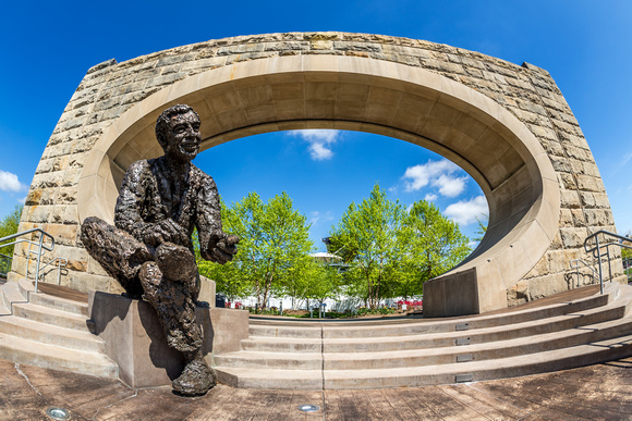 A fisheye view of the Mr. Rogers Statue on the North Shore of Pittsburgh