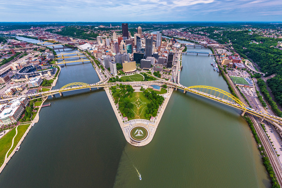 Aerial view of Pittsburgh from above the Ohio River