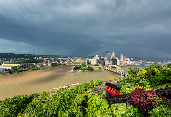 A rainbow frames the Duquesne Incline in PIttsburgh after a spring storm