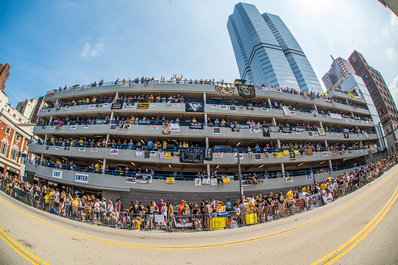 The famous parking garage along the Pittsburgh Penguins Victory Parade route