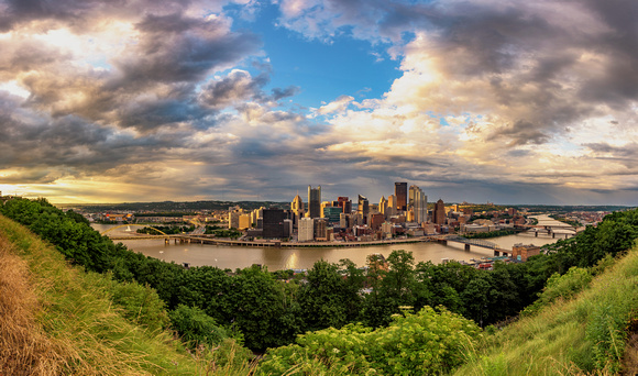 Panorama of a beautiful skyline over Pittsburgh at dusk