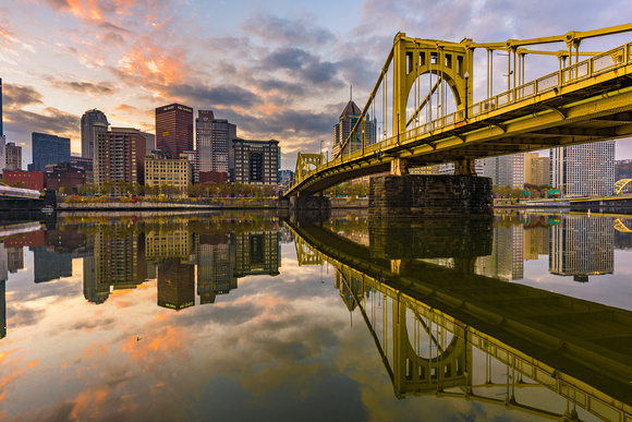 A beautiful sunrise over the still waters of the Allegheny River in Pittsburgh