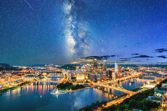 A composite of the Milky Way over the Pittsburgh skyline