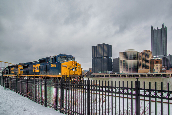 Train on the South Side of Pittsburgh in the snowy winter