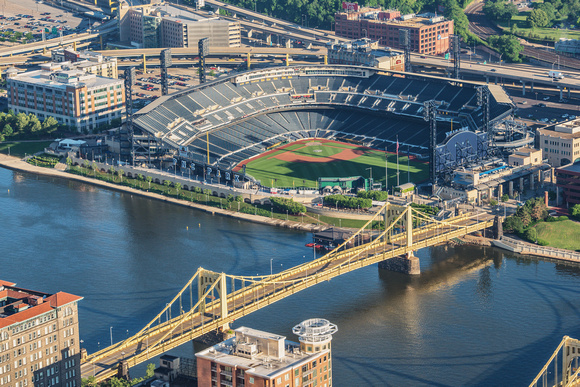 PNC Park and Clemente Bridge from the roof of the Steel Building in Pittsburgh