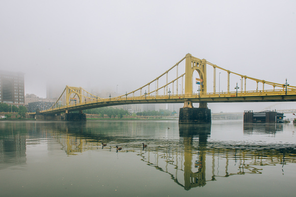 A foggy vew of the Roberto Clemente Bridge in Pittsburgh