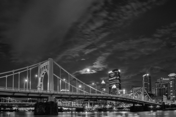 A black and white view of the Supermoon over Pittsburgh