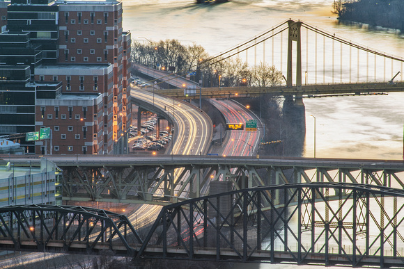 Light trails on the Parkway during morning rush hour in Pittsburgh