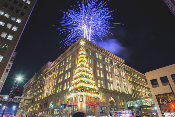 Fireworks over the Horne's tree in Pittsburgh during Light Up Night 2014