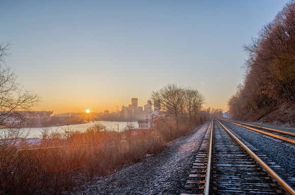 Railroad tracks and sunrise in Pittsburgh