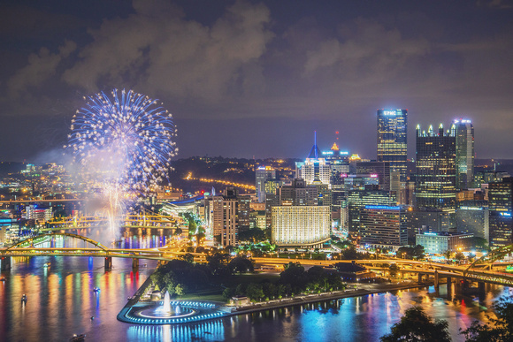 Fireworks over the Pittsburgh skyline after a Pirates game HDR