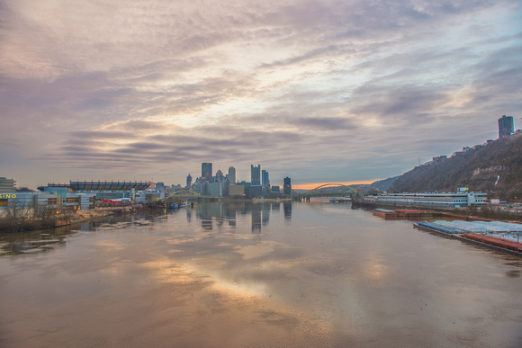 Wide angle Pittsburgh skyline from the West End Bridge at sunrise