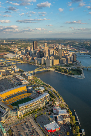 Aerial view of PIttsburgh skyline and Heinz Field