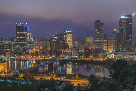 Close view of the Pittsburgh skyline before sunrise