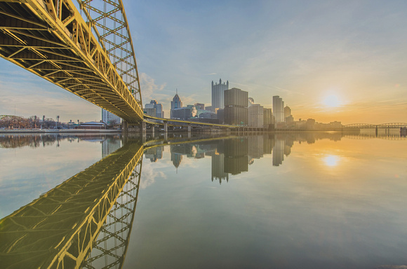 Sunrise below the Ft. Pitt Bridge in Pittsburgh along the Monongahela River