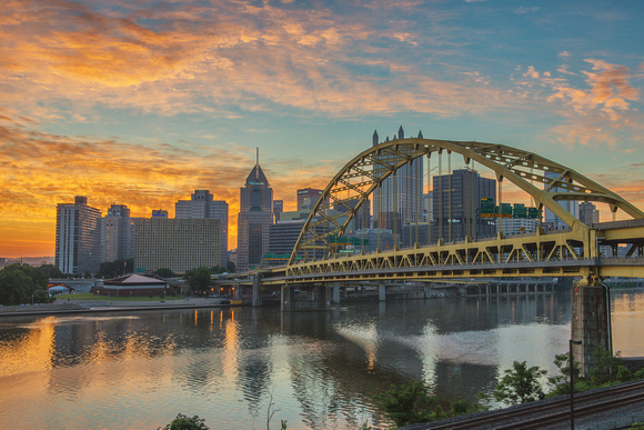 Red sky over Pittsburgh and the Ft. Pitt Bridge at sunrise