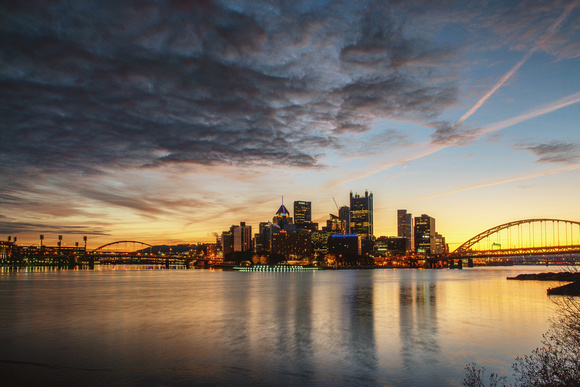 A colorful sky over Pittsburgh at dawn
