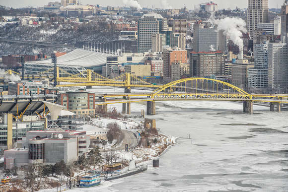 Bridges over the icy Allegheny River in Pittsburgh