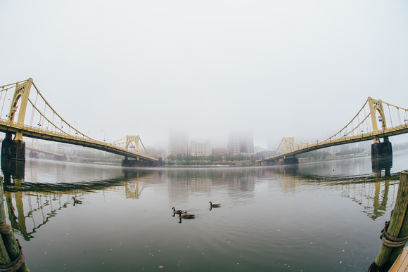 Fisheye view of the Pittsburgh skyline form the North Shore on a cloudy morning