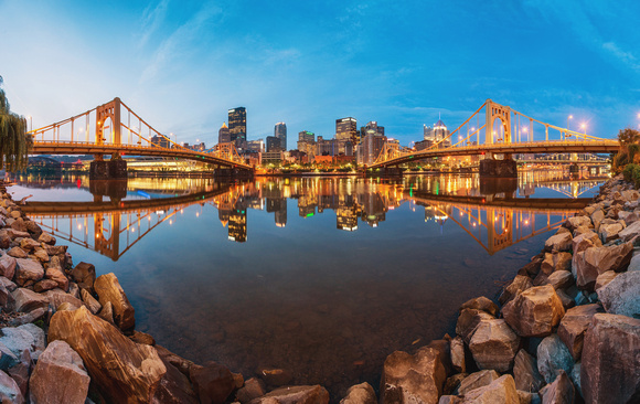 Panorama of the Pittsburgh skyline along the North Shore