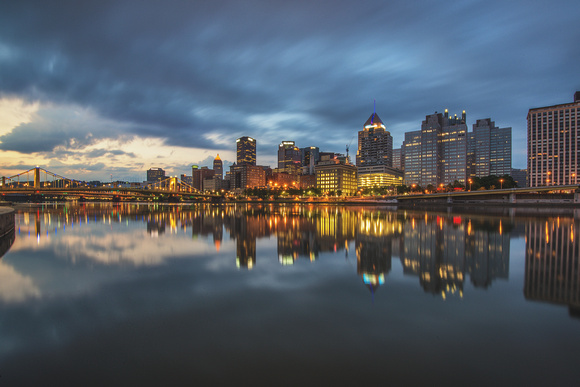 Long exposure of clouds rushing over the Pittsburgh skyline from the North Shore